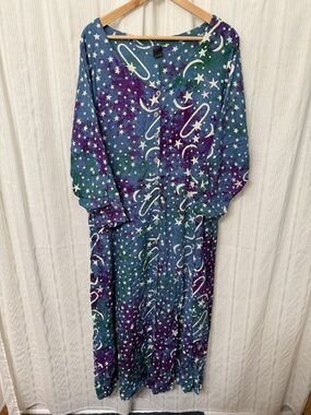 VINTAGE💥 Trade Wind Rayon Long Sleeve Maxi Button Celestial Dress
